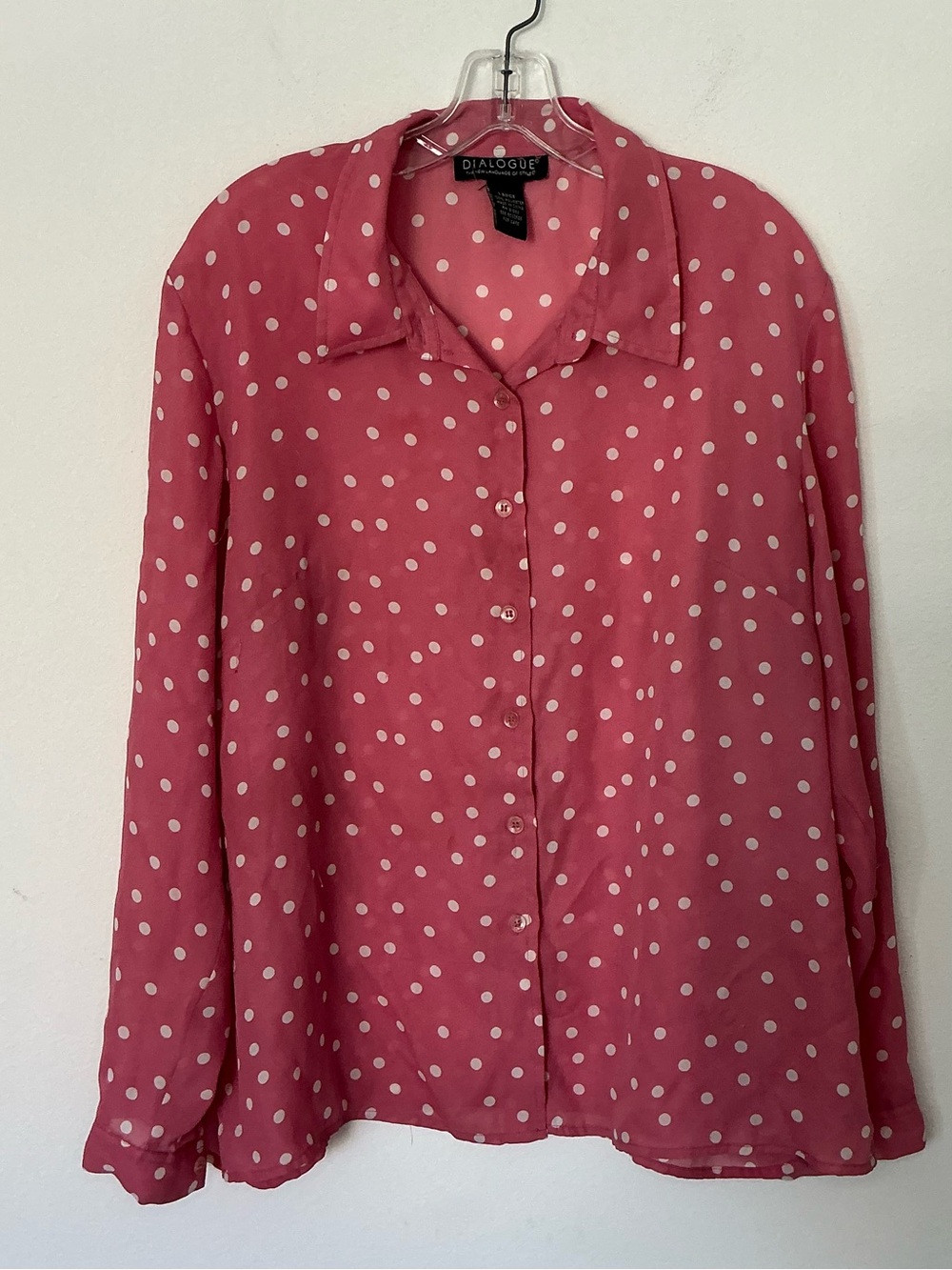 Dialogue Women’s Large Pink White Polka Dot Button Front Long Sleeve Blouse Top